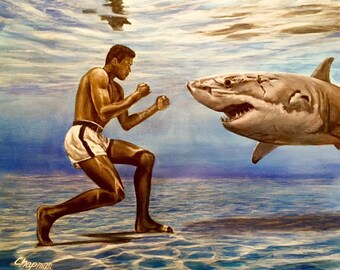 Muhammad Ali versus great white shark. Underwater training. Artist signed, print, multiple variations.