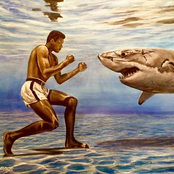 Muhammad Ali versus great white shark. Underwater training. Artist signed, print, multiple variations.