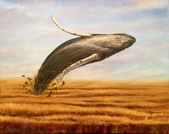 Landlocked humpback whale in a wheat field. Artist signed print. Multiple Variations.