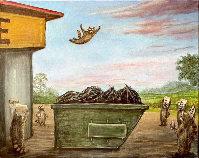 Raccoon diving into a dumpster from a Waffle House roof while other raccoons look on and score the perfect raccoon dive.
Great gift for raccoon lovers. 
Artist signed print, multiple variations.