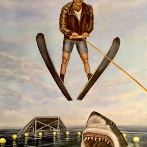 Fonzie jumps the shark from Happy Days. Henry Winkler jumped the shark. Artist signed print. Multiple variations, handmade.