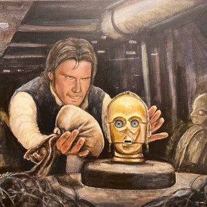 Han Solo as Indiana Jones getting the idol C-3PO in the sand crawler. Artist signed print, multiple variations.