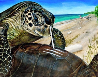 Sea Turtle snorting cocaine with a straw. The reason you have to recycle plastic straws. Artist signed print, multiple variations.
