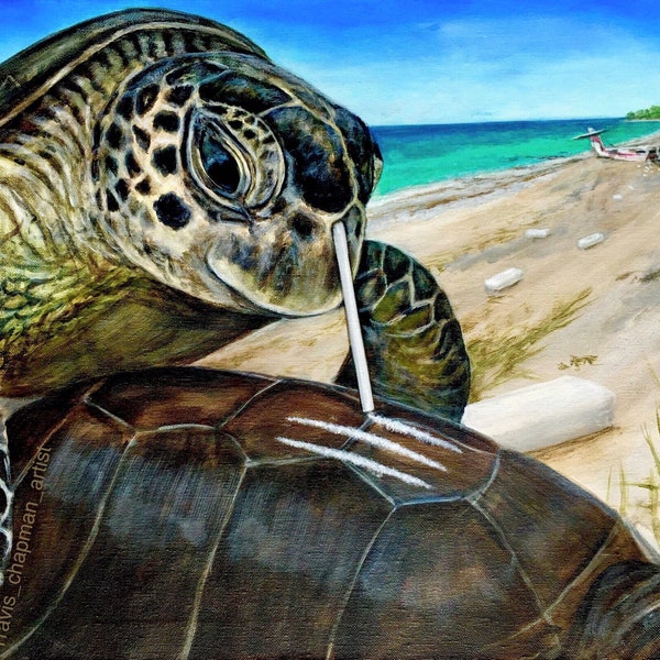 Zeeschildpad die cocaïne snuift met een rietje. De reden dat je plastic rietjes moet recyclen. Kunstenaar ondertekende print, meerdere variaties.