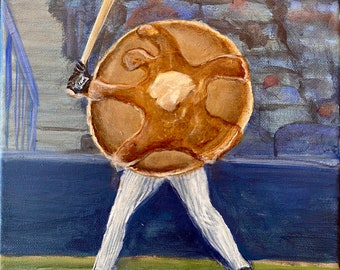 Pancake Batter Original acrylic painting 8” x 10” on stretched canvas, a pancake plays baseball.