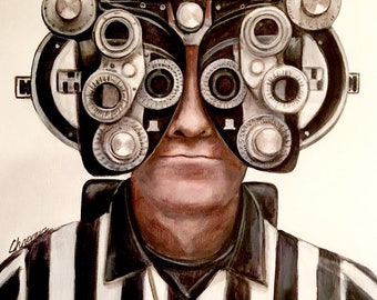 Referee getting his eyes checked. Eye exam with Phoropter.  Artist signed print, multiple variations.