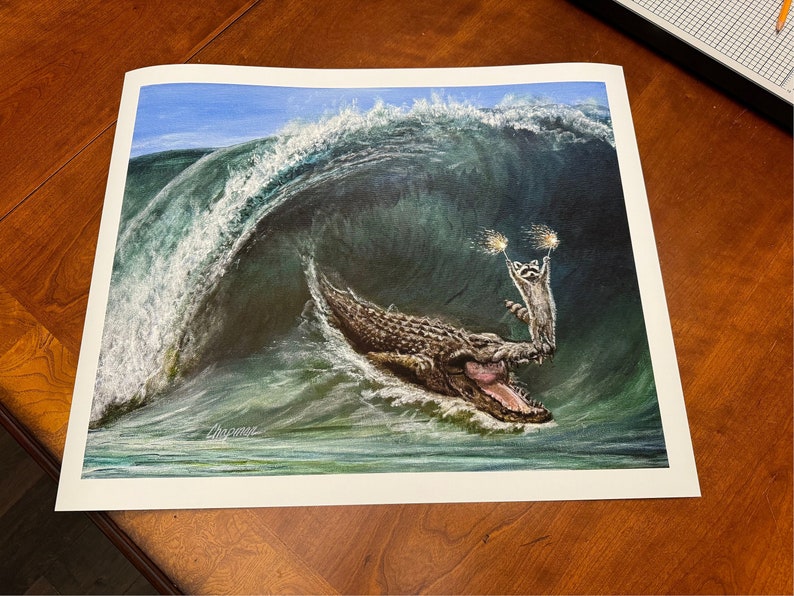 My wave raccoon surfing on a large alligator sea Croc. Artist signed print. Multiple variations. Great gift for raccoon fans. Kip and Cyrus image 5