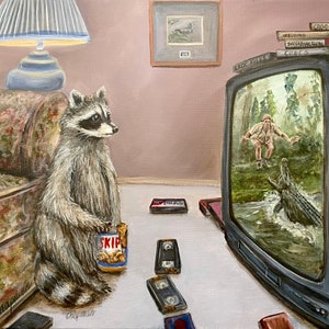 Binge watching 1998 raccoon watching crocodile hunter eating peanut butter with VCR tapes. Artist signed print.