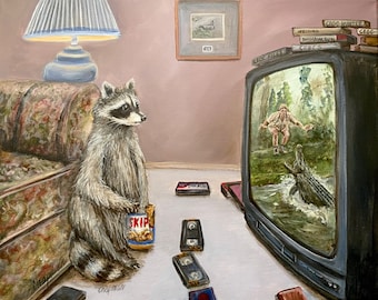 Binge watching 1998 raccoon watching crocodile hunter eating peanut butter with VCR tapes. Artist signed print. Multiple variations.