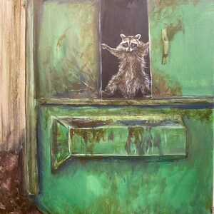 Raccoon holding the door to a dumpster. From the viral video. 16” x 20” Artist signed, original acrylic painting.