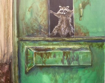 Raccoon holding the door to a dumpster. From the viral video. 16” x 20” Artist signed, original acrylic painting.