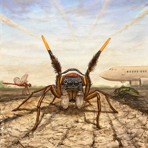 Airport spider. jumping. Spider holding those airport wand things. Marshaller, Handheld illuminated beacons. Artist, signed print.