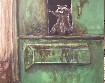 Raccoon opening dumpster door. Bouncer at Raccoon Rave. Artist signed print. Multiple variations.