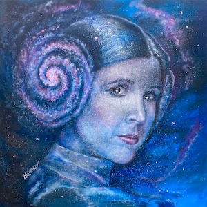 Prinses Leia Spiraalvormig melkweghaar. Ruimteportret Carrie Fisher als prinses Leia. Door kunstenaar ondertekende afdruk. Onderdeel van de Star Wars Nebula-serie. afbeelding 2
