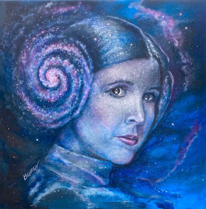 Prinses Leia Spiraalvormig melkweghaar. Ruimteportret Carrie Fisher als prinses Leia. Door kunstenaar ondertekende afdruk. Onderdeel van de Star Wars Nebula-serie. afbeelding 2
