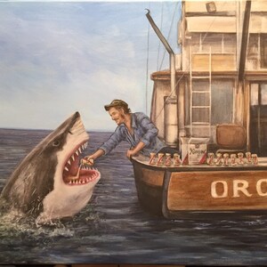 Jaws drinks a beer with Quint. Drinking Buddies. Quint pours a beer into Jaws mouth. Shark drinking a beer. Artist signed print. Great Gift image 3