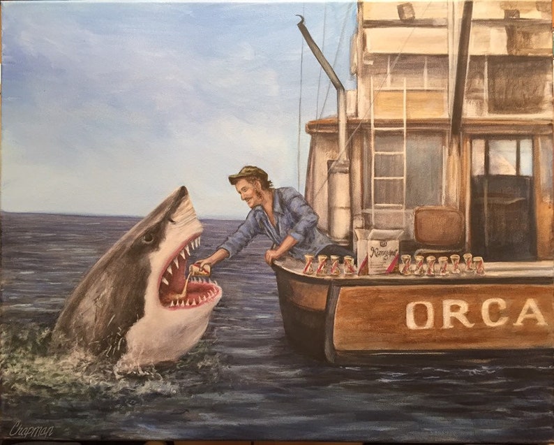 Jaws drinks a beer with Quint. Drinking Buddies. Quint pours a beer into Jaws mouth. Shark drinking a beer. Artist signed print. Great Gift image 3