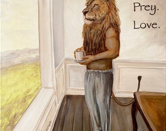 Eet prooi, liefde, Koffie drinken Leeuw in joggingbroek met levenscitaten op de muur. Kunstenaar ondertekende print eet bid liefde. Meerdere variaties.