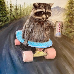 Raccoon riding a skateboard. Half rack. Kip the raccoon drinking a beer and skateboarding. Artist signed print, multiple variations.