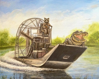 Raccoon and alligator riding in a fan boat airboat. Artist signed print, multiple options.