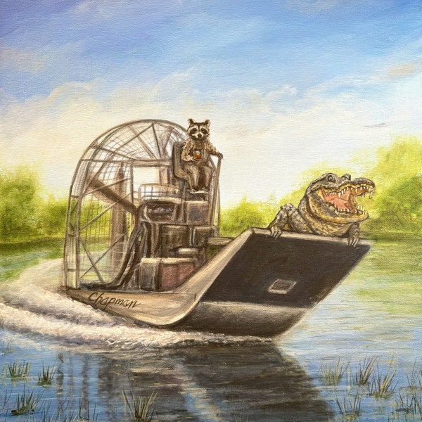 Raccoon and alligator riding in a fan boat airboat. Artist signed print, multiple options.