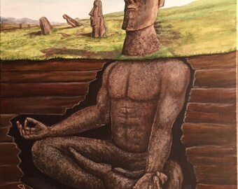 Easter island head stone  moai statue head. Underground view reveals lotus position yoga. Artist signed print. Multiple Options.