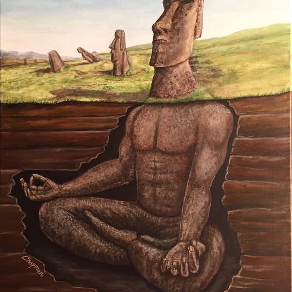 Easter island head stone  moai statue head. Underground view reveals lotus position yoga. Artist signed print. Multiple Options.