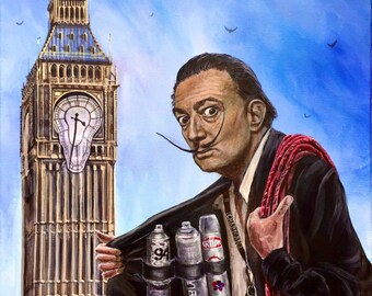 Vandalismo Salvador Dalí pintando el Big Ben en el edificio del parlamento británico. Impresión firmada por el artista, múltiples variaciones.