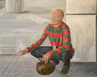 Freddy Krueger taking a smoke break meme. Great Halloween Decoration or gift.  Artist signed print, multiple variations.