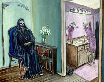 Death waiting for his girlfriend to get ready. 16” x 20” original acrylic painting.