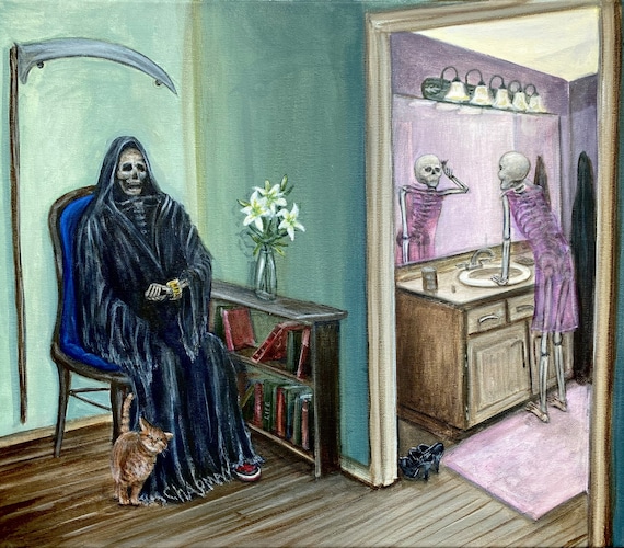 The Grim Reaper waiting for his girlfriend who is getting ready in bathroom, while he is checking his watch. She is saving lives.