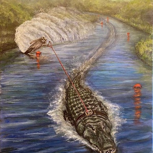 Raccoon water skiing behind an alligator with his friend. Turtle slalom course, alligator using designer belt. Artist signed print.