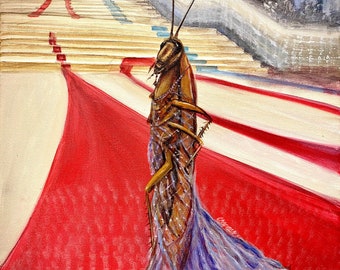Cockroach in a beautiful dress arriving at the Met Gala original acrylic painting, 16“ x 20“