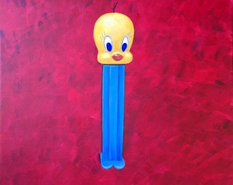 Tweety bird pez dispenser, red background 16“ x 20“ original acrylic painting