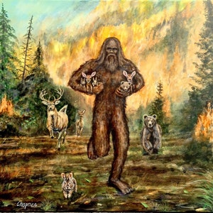 Bigfoot saves baby animals from a forest fire. Bigfoot aka Sasquatch, saving forest babies Artist signed print. Multiple variations.