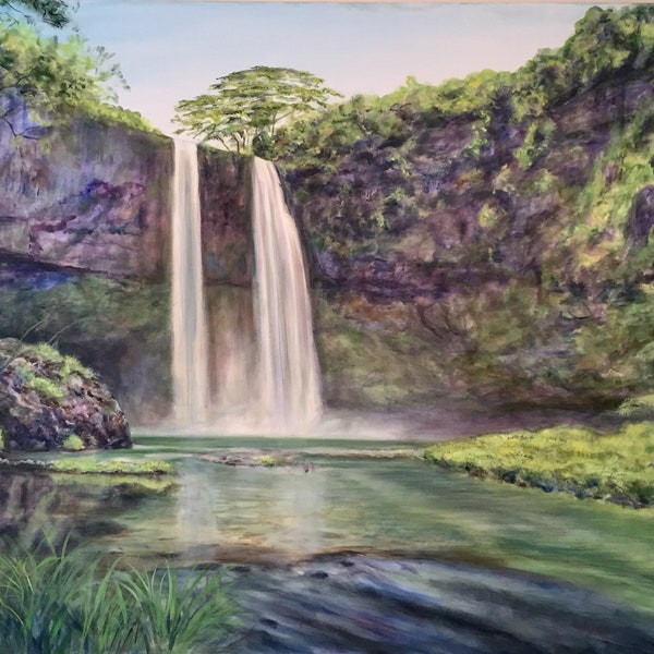 Wailua falls.Large acrylic painting on canvas. 60” x 48” x 1.5” the beautiful waterfall in Kawai