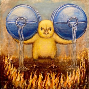 Hot chick with big jugs. A hot chick pours water jugs onto a fire. Artist signed print, multiple variations.