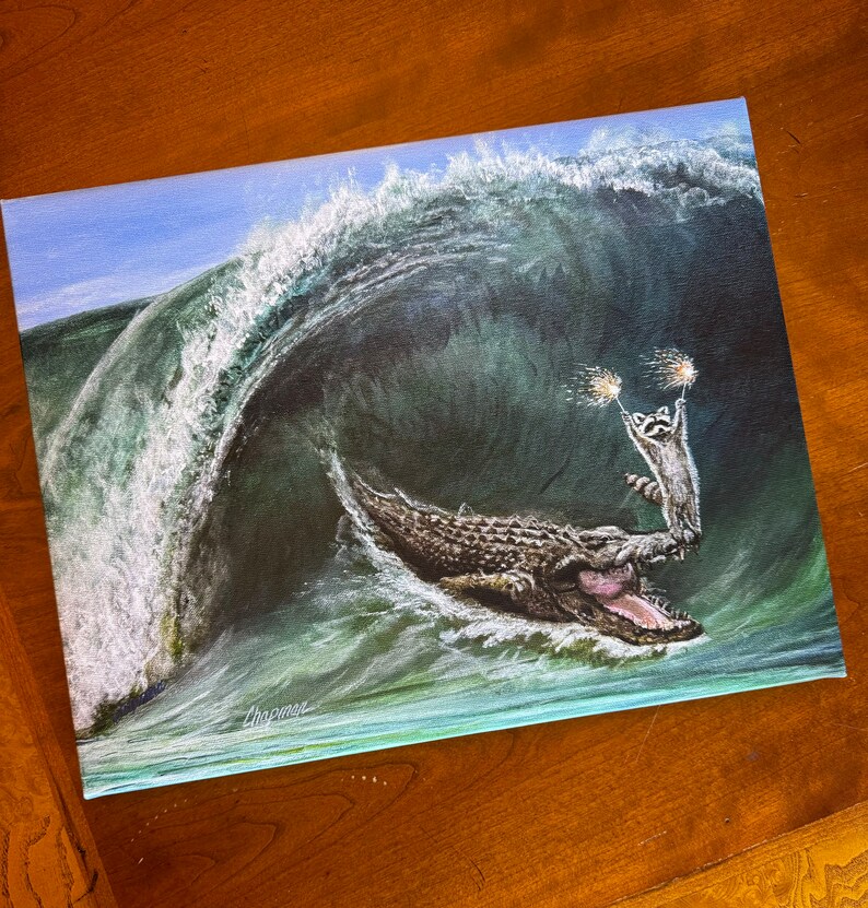 My wave raccoon surfing on a large alligator sea Croc. Artist signed print. Multiple variations. Great gift for raccoon fans. Kip and Cyrus image 4