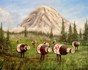 Rainier beer artesians in their natural habitat in front of Mount Rainier. Artist signed print. Handmade