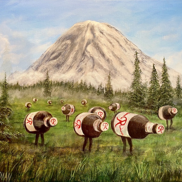 Rainier beer artesians in their natural habitat in front of Mount Rainier. Artist signed print. Handmade