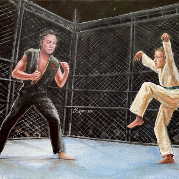 Elon musk  Mark Zuckerberg MMA match. Zuckerberg in crane kick pose cage match artist, signed print.