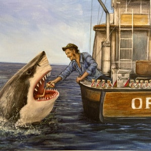 Jaws drinks a beer with Quint. Drinking Buddies. Quint pours a beer into Jaws mouth. Shark drinking a beer. Artist signed print. Great Gift image 1