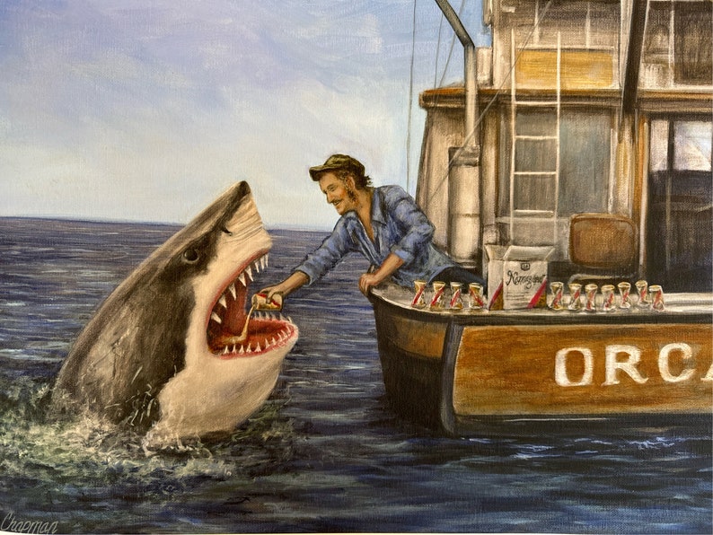 Jaws drinks a beer with Quint. Drinking Buddies. Quint pours a beer into Jaws mouth. Shark drinking a beer. Artist signed print. Great Gift image 1