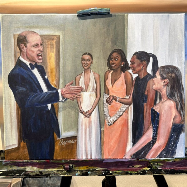 Prince William group chat talking to various stars with funny reactions, facial expressions, original acrylic, painting