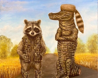 The gift exchange. Raccoon and alligator posing with raccoon hat and alligator boots and vest after the motorcycle crash. Original painting.