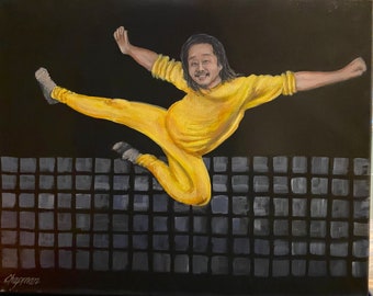 Bobby Lee as Bruce Lee kicking yellow tracksuit 16” x 20” original acrylic painting