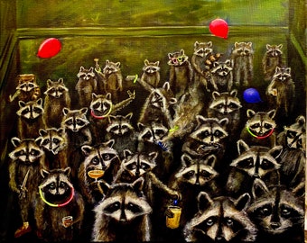 Dumpster Rave. Funny raccoons in a dumpster having a party. Doing illicit behavior. Artist signed print, multiple variations.