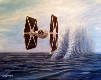 Empirial Tie fighter speeding over water creating a rooster tail.  Artist signed, digital print on archival paper.