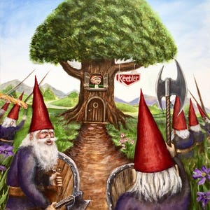 Gnomes attacking Keebler elves Artist signed print, multiple variations.