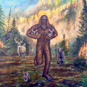 Bigfoot saves baby animals from a forest fire. Bigfoot saving image 2